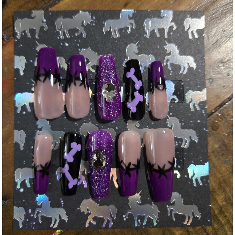 Halloween coffin shaped french tip with bones press on nails custom made